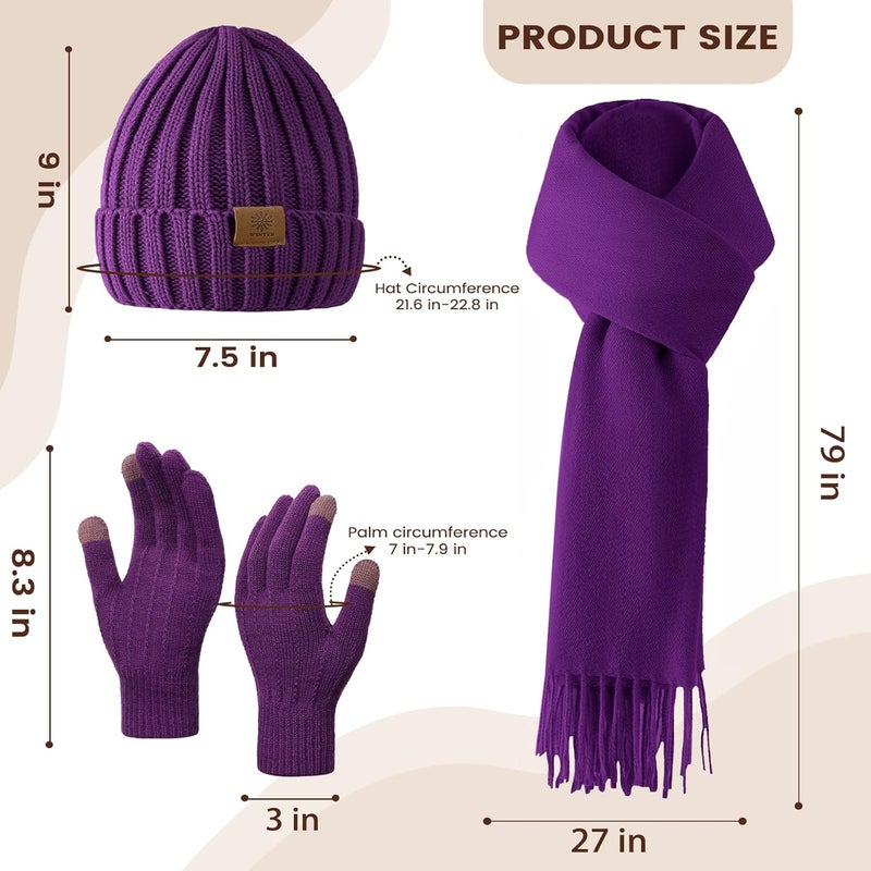 Premillow Women Winter Hat Beanie+Long Scarf+Touch Screen Gloves Set, Warm Clothes Set with Knit Fleece Lined for Women/Men Winter - Image 2